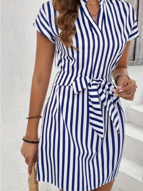 Dresses & Skirts - Striped Blue and White Tie-Waist Short Dress. Plus Size Available